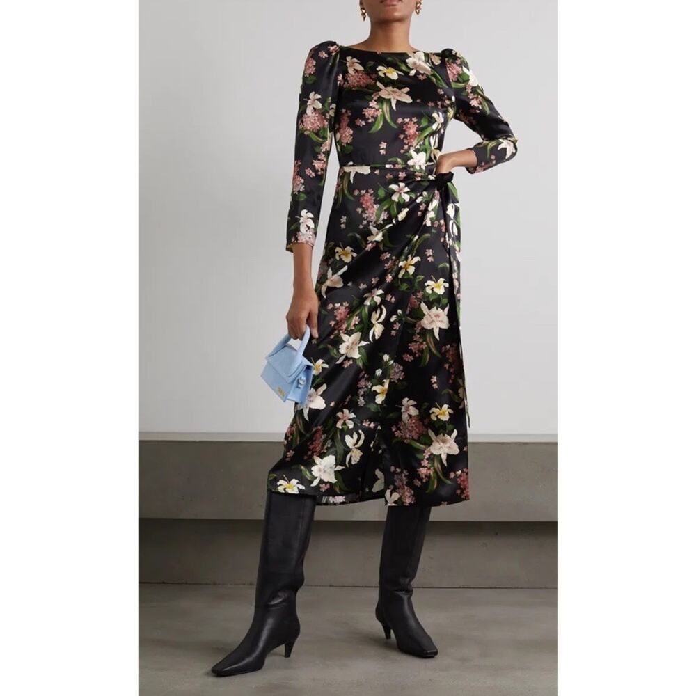NWT Reformation Cassis Black Floral Silk Midi Dress Size 2